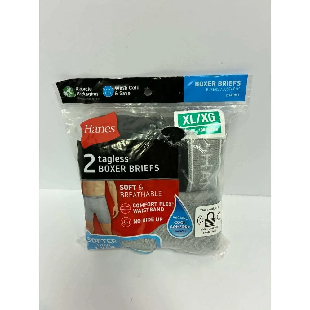 Hanes Mens 2 Tagless Boxer Briefs XL Black Gray Comfort Flex 2349VT